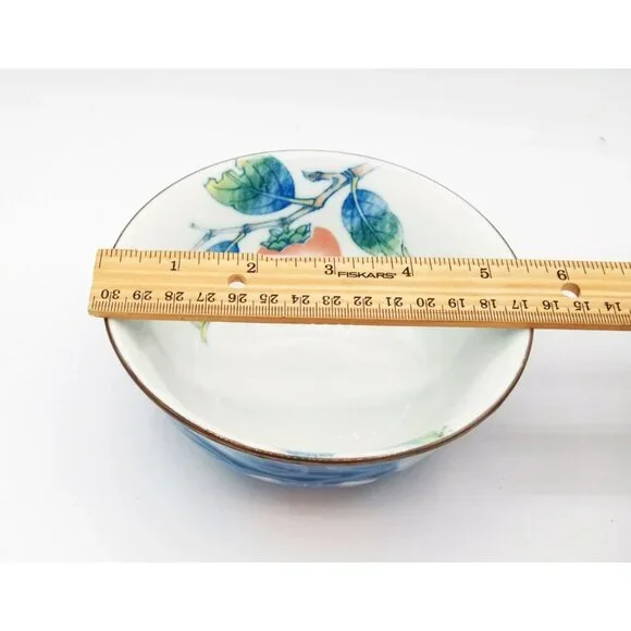 Porcelain Bowl Hand Painted Peach Persimmon Leaf 5.5 Inch Vintage Japanese Mark - Picture 4 of 14